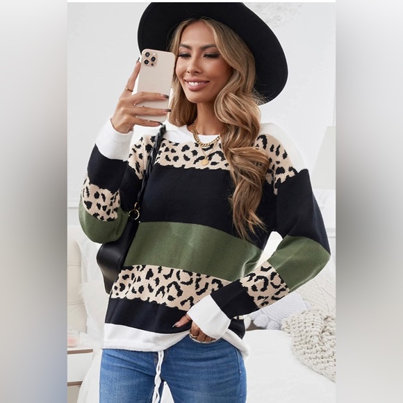 Sweaters - ❗️LAST CALL❗️Paitluc Green Striped Leopard Print Sweater